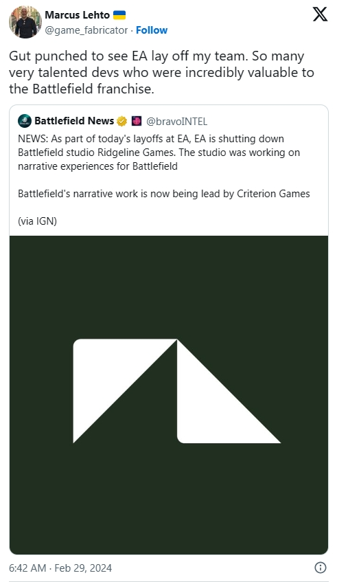 EA宣布將關閉開發《戰地風雲》單人遊戲工作室Ridgeline