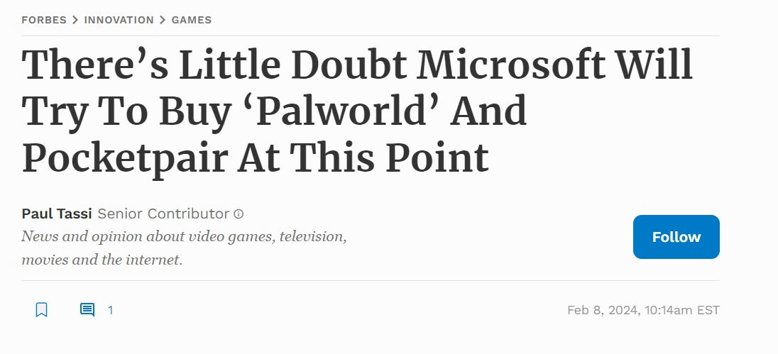 福布斯發文：微軟試圖收購《幻獸帕魯》的開發商