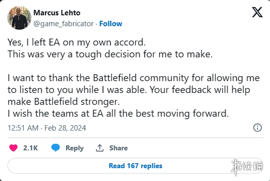 《戰地風雲》遊戲創意總監Craig Morrison於2月從EA離職