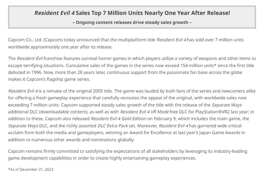 《惡靈古堡4重製版》發售一周年：銷量突破700萬