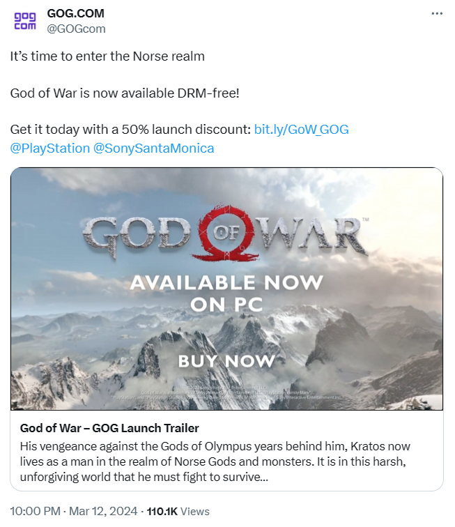 《戰神4》移除DRM加密正式登陸GOG平台半價促銷中