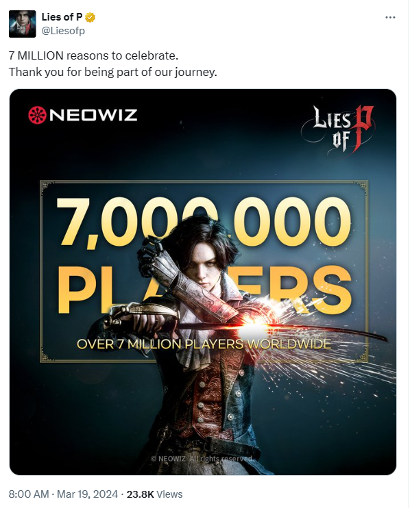 《P的謊言》全球累計玩家數破700萬官方致謝