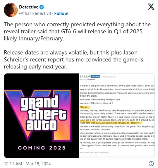 業內人士表示《俠盜獵車手6》將於2025年1月或2月份發售