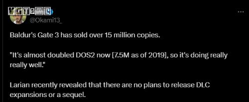 《柏德之門3》銷量超1500萬份