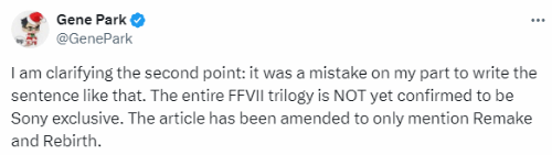 《最終幻想7重製版》三部曲均為PS獨占為錯誤消息：記者寫錯了