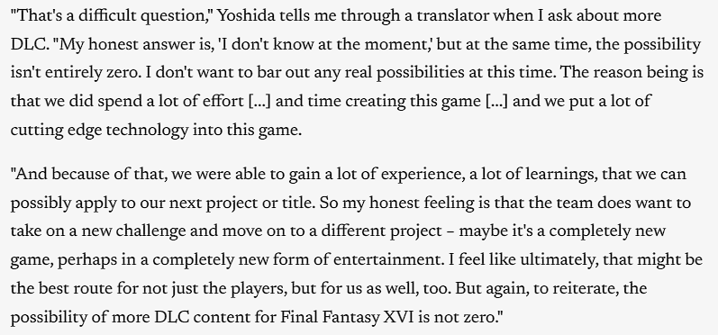 吉田直樹：《最終幻想16》擁有更多DLC的可能「並非為零」