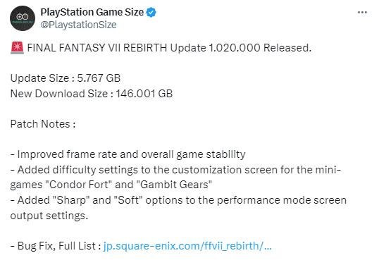 《最終幻想7重生》新修正檔大小5.7GB 遊戲總大小來到146GB