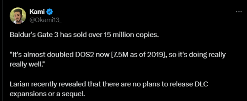 《柏德之門3》銷量超過1500萬份：是神界原罪2的兩倍