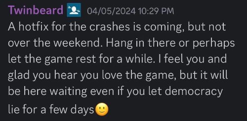 《地獄潛者2》修正檔致遊戲崩潰 開發者建議休息幾天