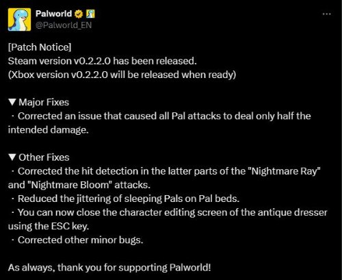 《幻獸帕魯》推出新版本更新：帕魯傷害減半修復了！