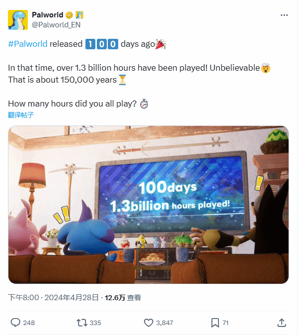 難以置信：《幻獸帕魯》玩家遊玩時長超13億個小時！