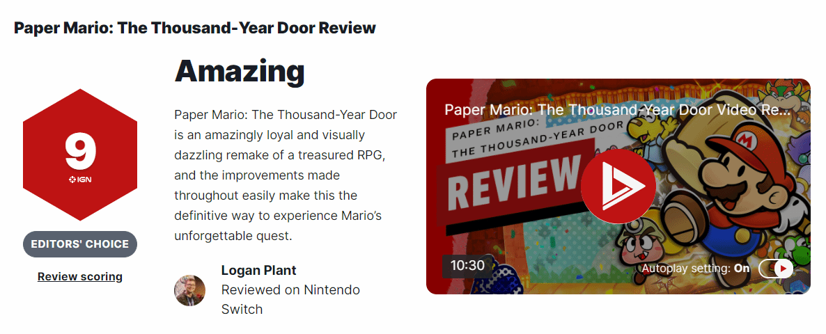 《紙片瑪利歐RPG重製版》IGN9分:忠於原作 適當革新